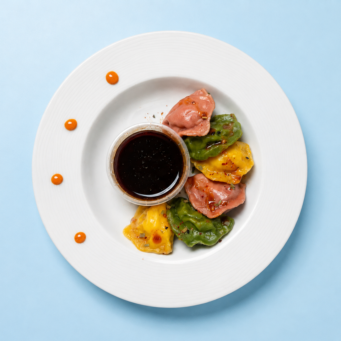 Selection of colourful dumplings on a white plate with a pot of dipping sauce