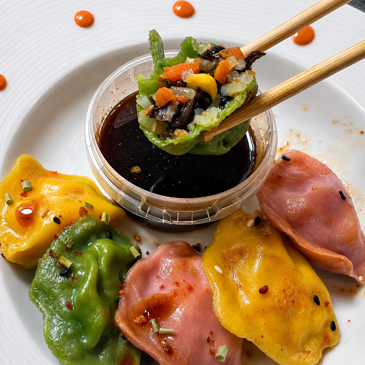 Close-up of a plate of dumplings with a small dipping sauce cup and chopsticks lifting a green dumpling topped with vegetables.