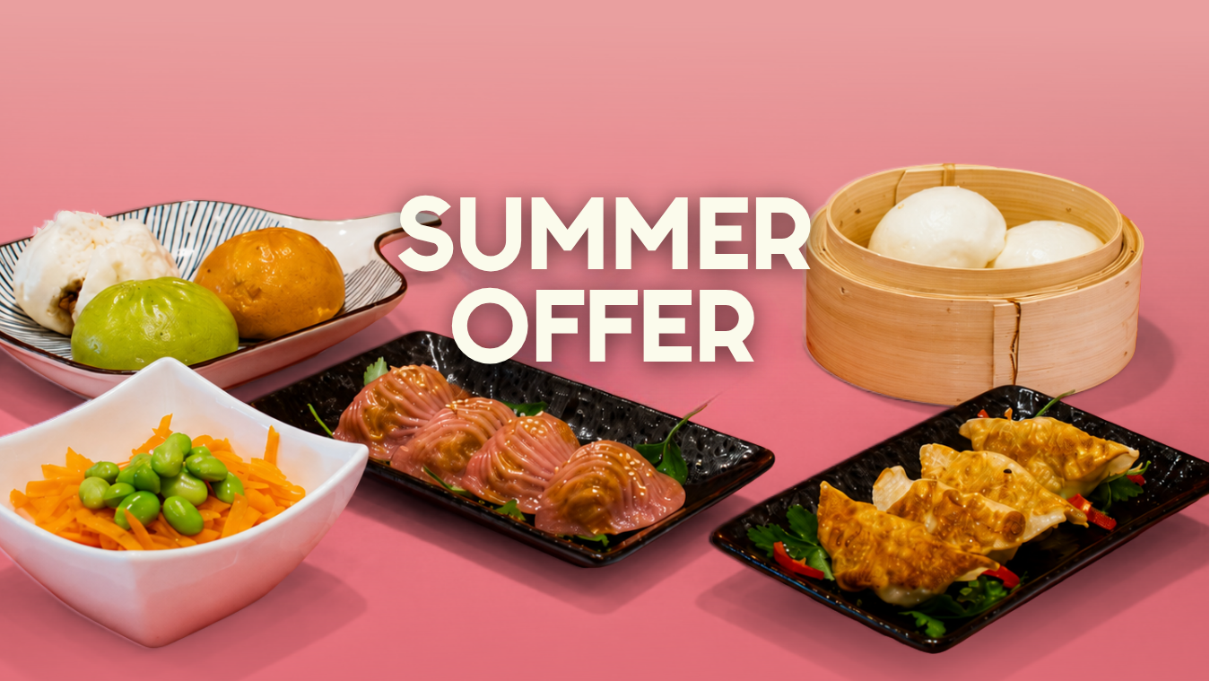 A promotional food spread on a pink background with the text 'SUMMER OFFER' across the center. Visible dishes include dim sum, steamed buns in a bamboo steamer, a bowl of green beans and carrots, and other assorted snacks on black and white plates.