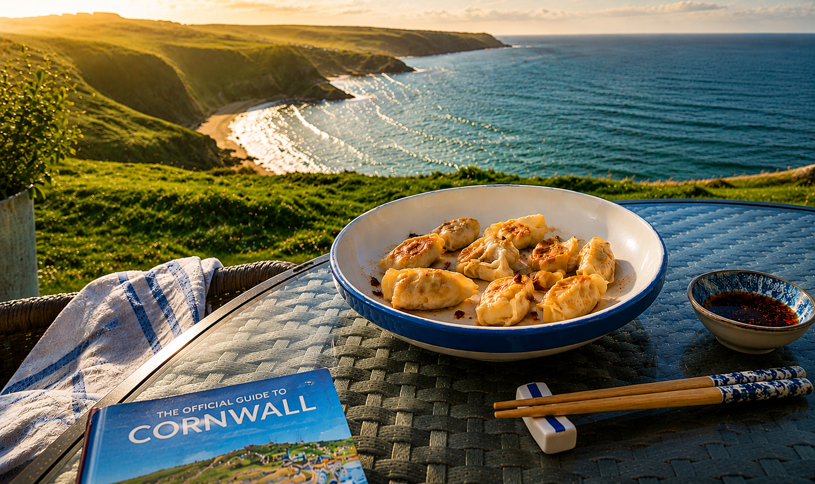 Image of a bowl of ding dong dim sum dumplings on a table at a holiday home against a backdrop of green hills and ocean in the English countryside