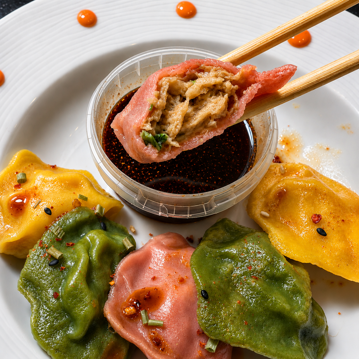 Close-up of colorful dumplings on a white plate, with wooden chopsticks lifting a pink dumpling that is split open to show the stuffed filling, dipped into a small clear plastic cup of dark sauce.