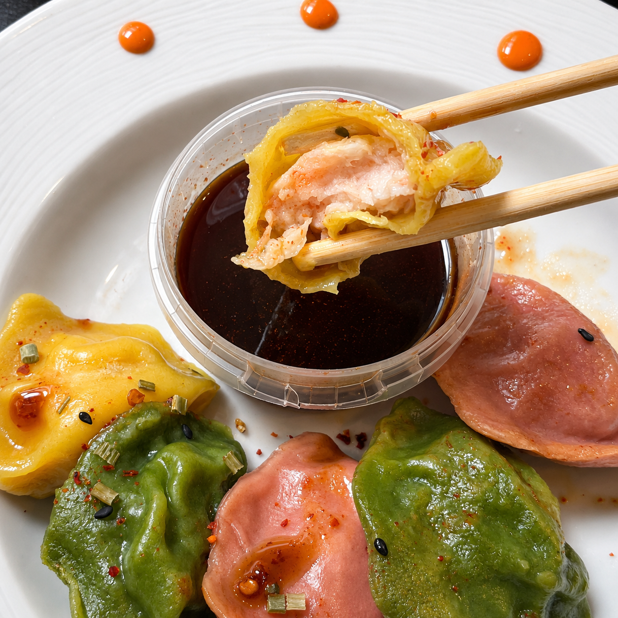 Yellow Prawn Dumpling with chopsticks and a selection of colourful dumplings on a white plate with a dipping sauce